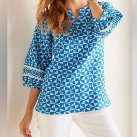 Soft Surroundings Narah Knit Top Geometric Print Cotton Rayon Blouse NWT - Picture 1 of 14